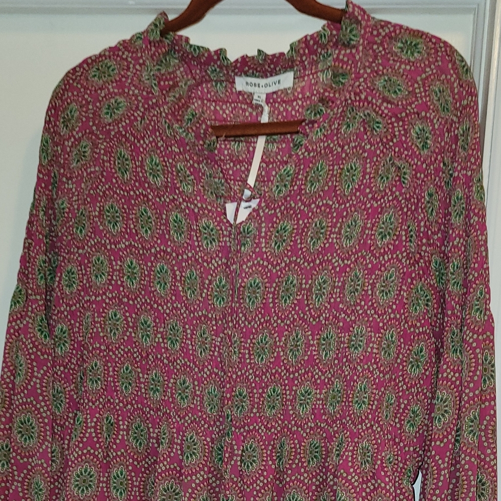 Rose + Olive NWT Puff Long Sleeve Pink/Green Boho Top Size XL